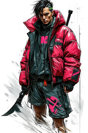 create a gaming character style, wear a cyberpunk jacket, look heavy jacket, weald a modern scythe weapon, the artwork look sketching art style, coloring with marker pen colours, the strokes art look style with colors,  white background, Japanese comic digital art style, dynamic post