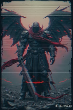 A dark cinematic glitch VHS effect envelops the frame, with raw hard scratch and blurred edges. In the center, a menacing Death Reaper emerges from the shadows, its face obscured by a cyber mecha mask. Vast wings spread open, grasping a massive demonic sword as it hovers in mid-air. A red scarf flutters wildly, starkly contrasting against the dark, ominous form amidst horror glitch effects and strokes of bold color.,"A modern poster design with a VHS glitch effect. It has thin white horizontal lines running across the image, giving it a damaged, high-tech, and digital look. The image is slightly blurry with distortion, a smooth grainy texture, and glitch artifacts. Colors remain sharp, but with some distortion and pixelated noise in certain areas, creating a futuristic digital disruption feel. The background is sleek and minimalistic, avoiding a retro vibe, with a clean and modern aesthetic while still emphasizing the glitchy effect."


glicthyxhan,cinematicxhan,exmechapolyhan83