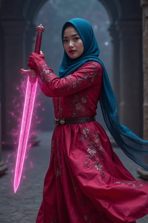 dynamic pose with swords,  fighting pose,  beuaty Russia girl wear cyan hijab, with malay traditional red colors baju kurung, floral design, , hold a hologram aura big Knight swords, the foggy effect on swords, glowing, geometric aura effect, pink aura color, 35 percent transparent, ultra realistic , ultra details, in dark castles, dimly light, cinematic moment, fully hologram auraswords, hanholo33, kurungmodern