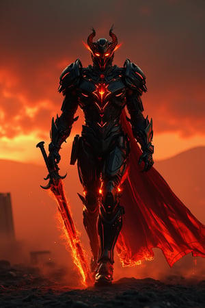 cinematic feeling mood : flame spirit, glowing bright red-orange, on fire, black cyborg with emperor armor, satanic mask, body in flaming, ultra realistic, walk with ego, big shoulder armour, holding a big sword, dark sky, clouds, scenery, in a Expansive Marine flame spirit, glowing bright red-orange, 