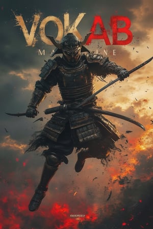 A dynamic, high-energy shot of a samurai leaping into the sky in full black armor, his katana gleaming as it slices through the air. The scene is in a photography style, with dramatic lighting highlighting the metal details of his armor. The background fades into dark clouds, with streaks of red and gold light breaking through, giving the scene a powerful, cinematic mood. Above his head, the bold, layered title 'VOKAB MAGAZINE' floats, enhancing the action and focus of the image., Magazine Photo Cover, grungeartxhan83