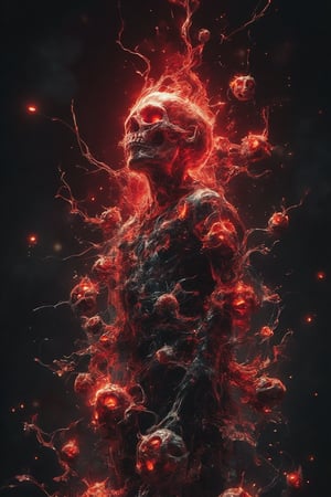 a negro man with a flying red fire skull doodles , got many fire skull doodles surrounding him, the red skull was glowing and shining effects, black and dark background, black temple as background 

Doodles,grungeartxhan83,hologram,aura