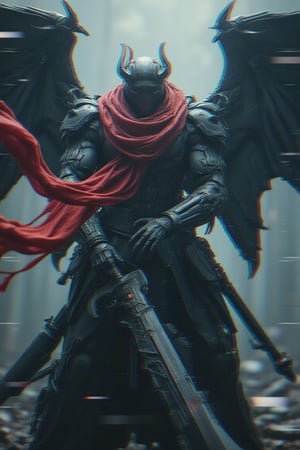 A dark cinematic glitch VHS effect envelops the frame, with raw hard scratch and blurred edges. dynamic pose with sword, a menacing Death Reaper emerges from the shadows, its face obscured by a cyber mecha mask. Vast wings spread open, grasping a massive demonic sword as it hovers in mid-air. A red scarf flutters wildly, starkly contrasting against the dark, ominous form amidst horror glitch effects and strokes of bold color.,"A modern poster design with a VHS glitch effect. It has thin white horizontal lines running across the image, giving it a damaged, high-tech, and digital look. The image is slightly blurry with distortion, a smooth grainy texture, and glitch artifacts. Colors remain sharp, but with some distortion and pixelated noise in certain areas, creating a futuristic digital disruption feel. The background is sleek and minimalistic, avoiding a retro vibe, with a clean and modern aesthetic while still emphasizing the glitchy effect."


glicthyxhan,cinematicxhan,exmechapolyhan83