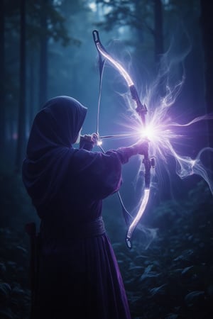 A close-up, third nperson shooter view, back view of a malay woman acher wear a hijab and vaju kurung, holding a bow, having just released a magic arrow. The arrow is surrounded by a glowing, purple aura that sparkles and shines, illuminating the dark night in a mystical forest. wind effects, dark  vignette surrounded, The scene is cinematic and dramatic, with intense shadows and a blowing aura effect on the foggy, that enhances the magic of the moment. the light merging with foggy and smokey around her, look smooth and become a big light, The atmosphere is dark and mysterious, capturing a sense of magic and power in the quiet of the night.,


hologram,cyberhan83nalogue,glicthyxhan