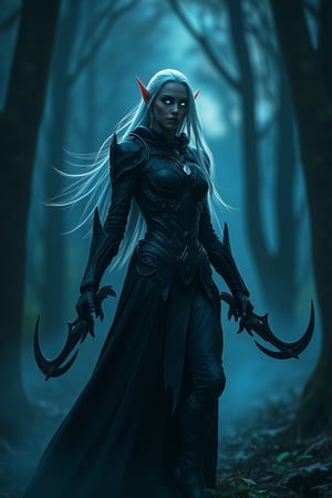 wide clos up shot, A striking elf woman with flowing white hair and white eyes lens, moonlit forest. Clad in sleek, black assassin armor, she wields curvy twin 
with deadly grace. The mood is intense, with sharp contrast highlighting the shadows Fog swirls around her feet, adding a sense of mystery. The cool tones of cyan and deep blacks dominate the color palette, enhancing the dramatic and stealthy atmosphere. ultra realistic, ultra details, human skin textures, war twin blades,mecha,cyborg,hanxhelm,cyborg 