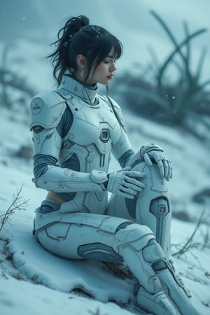 cinematic shot : A lady with cyborg body in profile with white futuristic armor, sitting on a broken abandoned cyberpunk robot in a melancholic pose. beuayy black curvy hair, with scratches on the surface and icicles. White snowflakes float around them, creating a mystical yet peaceful atmosphere. In the background are ice plant tendrils. aullultra details, ultra complex, cinematicxhan,hanemperor23