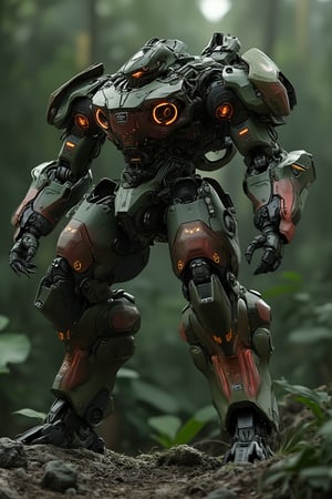 a gorila mecha concept, a Japanese mecha, dull green mix dark red, polycarbonate style, back got exobon with big rocket launchers weapon (( orange neon effect)), fully with gears and engine, futuristic, high impact, ultra realistic,  dark green jungle background, ultra details, intricate, japanese mecha style, exmechapolyhan83, hanxdeadcyborg83,hanxhelm