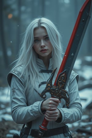 cinematic shot : a beauty russian girl with silver hair  hold an unique sword with curvy pattern at holder part, The sword features a  metallic blade with sharp edges and red mechanical accents. Its ornate red hilt is decorated with intricate swirling patterns and geometric designs, giving it a mystical appearance. A large pointed extension on the hilt adds to its aggressive look, while the ridged handle ensures a firm grip. The design suggests a ceremonial or fantastical origin, blending both elegance and power, brown eye lens,  wear white armor cyberpunk  jacket shirt, long sleeve,  dynamic post in dark broken snowy hills, low light mood, the low light, dramatic light, cinematicxhan,Silver hair,HANSWORD23