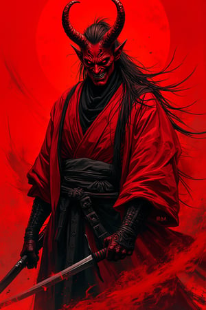 The image depicts a demonic, samurai-like figure with red horns, glowing eyes, and a fierce, twisted grin. The character is shrouded in dark smoke and wears an intricately detailed red robe while gripping a katana. The art style features sharp, dynamic strokes with intense contrast between the fiery red background and the dark, shadowy figure. The concept appears to blend traditional Japanese folklore with a menacing, modern twist, evoking themes of power and darkness. The intricate textures and bold colors enhance its sinister, otherworldly atmosphere. niji art style, ,mparthan83,NijiMax