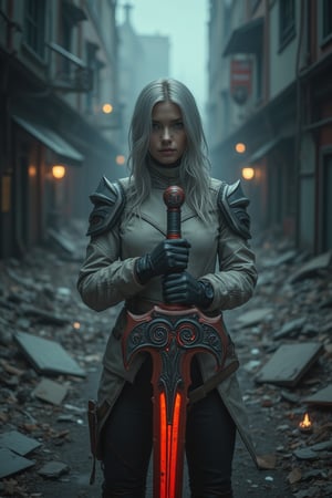 cinematic shot : a beauty russian girl with silver hair  hold an unique sword with curvy pattern at holder part, The sword features a dark metallic blade with sharp edges and red mechanical accents. Its ornate red hilt is decorated with intricate swirling patterns and geometric designs, giving it a mystical appearance. A large pointed extension on the hilt adds to its aggressive look, while the ridged handle ensures a firm grip. The design suggests a ceremonial or fantastical origin, blending both elegance and power, brown eye lens,  wear white armor cyberpunk  jacket shirt, long sleeve,  dynamic post in dark broken cityscape, low light mood, the low light, dramatic light, cinematicxhan,Silver hair,HANSWORD23