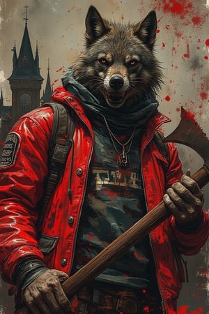 a ware wolf with punk red jacket, holding a axe,  grunge art stroke style in poster, complex art, in broken castle as background 
grungeartxhan83,analoguehanx83