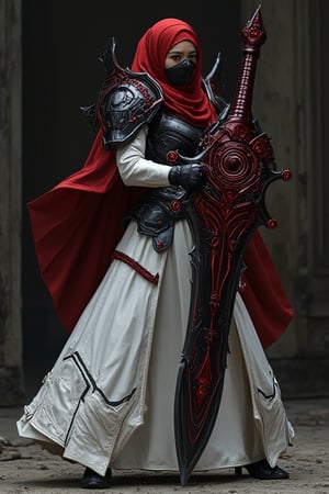 cinematic scene : a beauty girl with red hijab, wear white and black mecha armor dress, like an emperor armor, big shoulder, the hijab blowing with wind effect,  dynamic fighting pose , weald a big cyber unique sword, The sword features a dark metallic blade with sharp edges and red mechanical accents. Its ornate red hilt is decorated with intricate swirling patterns and geometric designs, giving it a mystical appearance., A large pointed extension on the hilt adds to its aggressive look, while the ridged handle ensures a firm grip, curvy on holder part, ultra details ulyra realistic, in the broken dark building, low key,HANSWORD23, hanemperor23