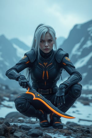 cinematic photo: In a breathtaking, snow-capped Alaskan landscape, a cyborg assassin pose fighting style, clad in black armor with some orange neon design , that seems to absorb the surrounding environment. Her striking white hair appears almost luminescent against the dark suit, while her piercing orange eyes gleam with an otherworldly intensity. The unique double blades dagger at her side features razor-sharp edges that curve big blades illuminated by vibrant orange neon strips running along their length. As she grips the hilt, her pose exudes confidence and menace, ready to strike in the midst of this frozen wilderness., cinematicxhan, hanemperor23, bladesxhan23