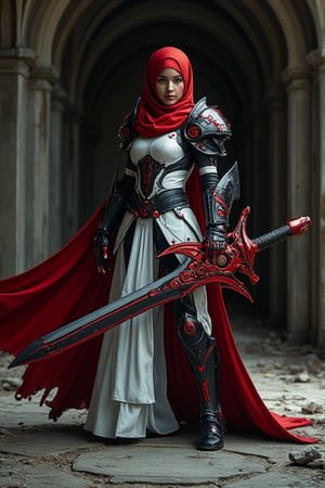 cinematic scene : a beauty girl with red hijab, wear white and black mecha armor dress, like an emperor armor, big shoulder, the hijab blowing with wind effect,  dynamic fighting pose , weald a big cyber unique sword, The sword features a dark metallic blade with sharp edges and red mechanical accents. Its ornate red hilt is decorated with intricate swirling patterns and geometric designs, giving it a mystical appearance., A large pointed extension on the hilt adds to its aggressive look, while the ridged handle ensures a firm grip, curvy on holder part, ultra details ulyra realistic, in the broken dark building, low key,HANSWORD23, hanemperor23