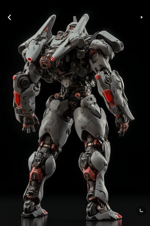 a japense mecha, grey color, main dark red, polycarbonate style, back got exobon with big wing, fully with gears and engine, futuristic, high impact, ultra realistic, black background, ultra details, intricate, japanese mecha style, exmechapolyhan83, hanxdeadcyborg83