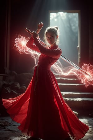 A girl  wear a red Japanese suit, strikes a powerful  pose with katana  inside a broken temple. dynamic pose,  a glowing red flower aura around her katana, waving lightly on katana, gently waving with energy. The cinematic mood focuses on dramatic lighting, emphasizing the glowing aura against the temple’s dark, ruined backdrop. Lens flares and soft shadows enhance the ethereal atmosphere, with the red and white tones contrasting beautifully against the weathered stone surroundings.