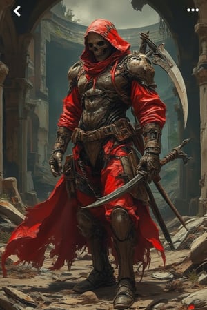 cyberpunk mecha cyborg death reaper wear a red suit with hoodie, holding a scythe weapon,  grunge art stroke style in poster, complex art, in broken temple as background 
grungeartxhan83 ,exmechapolyhan83,cinematicxhan