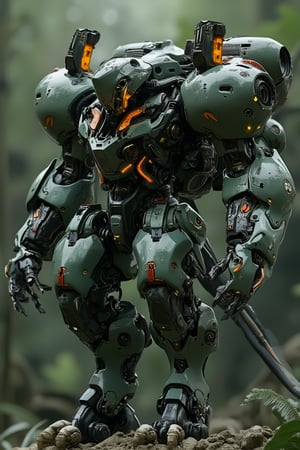 a gorila mecha concept, a Japanese mecha, dull green mix dark red, polycarbonate style, big hand like a monkey gorila, back got exo-bone with big rocket launchers weapon, (( orange neon effect)), fully with gears and engine, futuristic, high impact, ultra realistic,  dark green jungle background, ultra details, intricate, japanese mecha style, exmechapolyhan83, hanxdeadcyborg83,hanxhelm