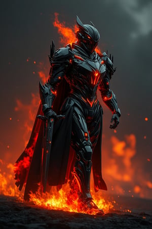 cinematic feeling mood : flame spirit, glowing bright red-orange, on fire, black cyborg with emperor armor, satanic mask, body in flaming, ultra realistic, walk with ego, big shoulder armour, holding a big sword, dark sky, clouds, scenery, in a Expansive Marine flame spirit, glowing bright red-orange, 