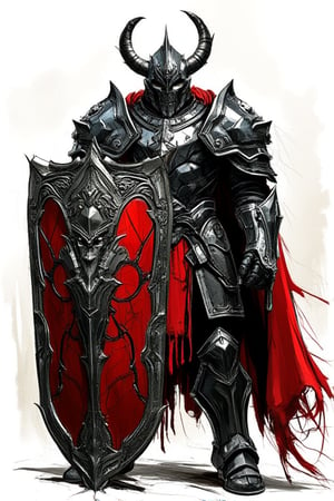 marker art style, messy sketch colors, : The image depicts a menacing, armored warrior, likely from a fantasy or dark medieval setting. The character is adorned in heavy, intricately designed plate armor with an imposing helmet featuring prominent, horn-like structures. They wield a large, decorated shield emblazoned with a serpent-like emblem and intricate web-like patterns, signifying a powerful defensive artifact. marker art stule, The figure's armor has a dark metallic sheen, contrasted by red cloth elements flowing beneath the plating. The character appears ready for battle, gripping a sword and exuding an aura of strength and intimidation, suggesting they are a formidable guardian or dark knight.,mparthan83,hanemperor23