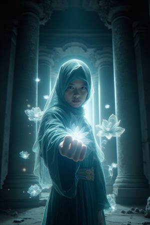 A girl in a cyan hijab, dressed in a Japanese suit, strikes a powerful fist pose inside a broken temple. Her fist radiates a glowing white flower aura, gently waving with energy. many of flower aura around her hands, The cinematic mood focuses on dramatic lighting, emphasizing the glowing aura against the temple’s dark, ruined backdrop. Lens flares and soft shadows enhance the ethereal atmosphere, with the cyan and white tones contrasting beautifully against the weathered stone surroundings.