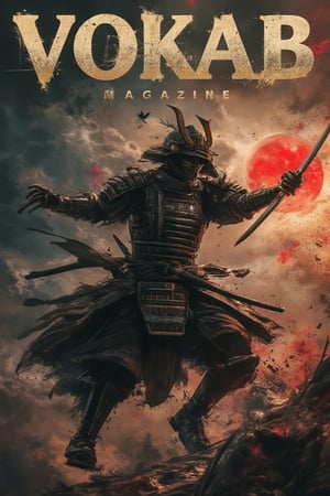 A dynamic, high-energy shot of a samurai leaping into the sky in full black armor, his katana gleaming as it slices through the air. The scene is in a photography style, with dramatic lighting highlighting the metal details of his armor. The background fades into dark clouds, with streaks of red and gold light breaking through, giving the scene a powerful, cinematic mood. Above his head, the bold, layered title 'VOKAB MAGAZINE' floats, enhancing the action and focus of the image., Magazine Photo Cover, grungeartxhan83