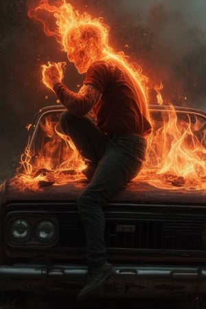 cinematic scene : a man with flaming skull head, wear red simple shirt, sit manly at some abandoned junk car, ready pose fight,  bold and 3D embossed font, at his back,  low key style, analogue colors concept, skull