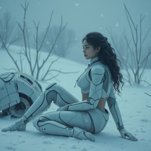 cinematic shot : A lady with cyborg body in profile with white futuristic armor, sitting on a broken abandoned cyberpunk robot in a melancholic pose. beuayy black curvy hair, with scratches on the surface and icicles. White snowflakes float around them, creating a mystical yet peaceful atmosphere. In the background are ice plant tendrils. aullultra details, ultra complex, cinematicxhan,hanemperor23