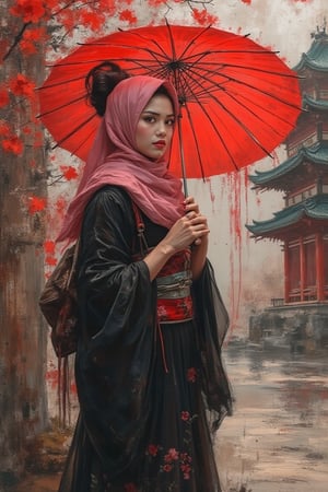 grungeartxhan83, a beauty girl geisha wear pink hijab and black dress,  temple background, hold an umbrella, oil painting style