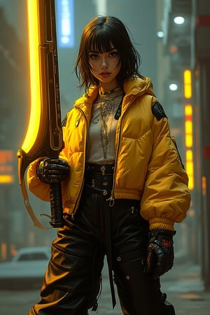 A cinematic comic art style image featuring a girl in a tech-wear yellow jacket, holding a distinctive long sword in black and yellow. She wears oversized black pants, standing confidently in a high-contrast photography style. The scene is enhanced with dramatic lighting, adding dynamic shadows and reflections. The mood is a bold mix of warm and cool tones, emphasizing the character's strong and futuristic aesthetic with a touch of mystery.,HANSWORD23,NijiMax