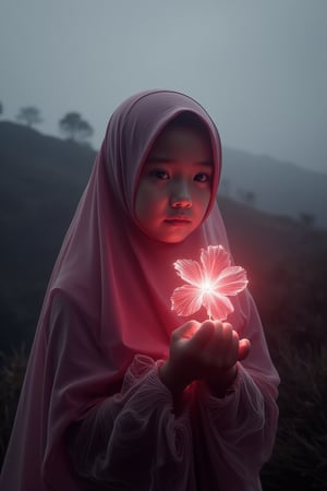 A cinematic shot of a beautiful, cute girl holding a glowing, wear pink hijab, Malay attire baju kebaya, holographic red hibiscus flower on a lonely hill. The dim lighting creates a moody atmosphere, with soft wind brushing through her hijab, hijab blowing with air, enhancing the serene solitude. the aura also  waveong her hands ang glowing softly, The red hues of the flower contrast against the muted, misty landscape of soft grays and purples. A subtle glow surrounds the flower, casting ethereal light on the girl's face, adding a dreamlike, surreal quality to the scene.,aura,hologram