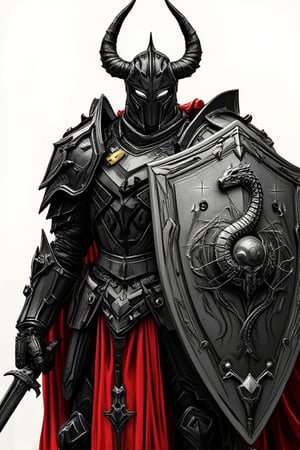 The image depicts a menacing, armored warrior, likely from a fantasy or dark medieval setting. The character is adorned in heavy, intricately designed plate armor with an imposing helmet featuring prominent, horn-like structures. They wield a large, decorated shield emblazoned with a serpent-like emblem and intricate web-like patterns, signifying a powerful defensive artifact. marker art stule, The figure's armor has a dark metallic sheen, contrasted by red cloth elements flowing beneath the plating. The character appears ready for battle, gripping a sword and exuding an aura of strength and intimidation, suggesting they are a formidable guardian or dark knight.,mparthan83,hanemperor23