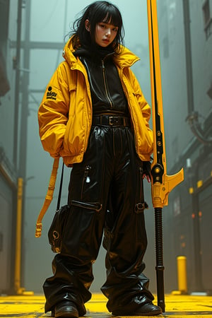 A cinematic comic art style image featuring a girl in a tech-wear yellow jacket, holding a distinctive long sword in black and yellow. She wears oversized black pants, standing confidently in a high-contrast photography style. The scene is enhanced with dramatic lighting, adding dynamic shadows and reflections. The mood is a bold mix of warm and cool tones, emphasizing the character's strong and futuristic aesthetic with a touch of mystery.,HANSWORD23,NijiMax