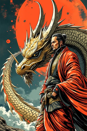 epic anime style ghibli, male, dragon, samurai, very intricate details, maximalism, bold lining,mparthan83