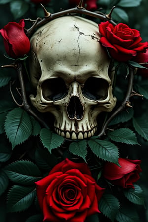 This image presents a stark, eerie composition with a weathered skull entangled in thorny vines and dark green leaves. Red roses punctuate the scene, adding a sharp contrast to the grimness of the skull. The art blends gothic and dark romantic elements, with a melancholic, almost foreboding atmosphere. The sharpness of the thorns, the skeletal form, and the vibrant roses create a juxtaposition of life and death, setting a mood of decay wrapped in beauty. The dark palette enhances the overall macabre yet captivating visual tone.,mparthan83