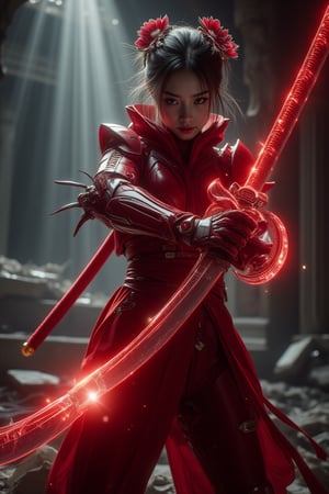 A girl  wear a red Japanese suit, wear red hi tech cyborg armor,  strikes a powerful  pose with katana  inside a broken temple. dynamic pose,  a glowing red flower aura around her katana, waving lightly on katana, gently waving with energy. The cinematic mood focuses on dramatic lighting, emphasizing the glowing aura against the temple’s dark, ruined backdrop. Lens flares and soft shadows enhance the ethereal atmosphere, with the red and white tones contrasting beautifully against the weathered stone surroundings.