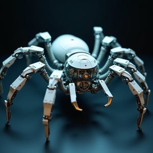 A highly detailed ultra-realistic mechanical spider with a sleek white body and transparent glass casing, showcasing its intricate inner workings. The design is complex, blending a futuristic aesthetic with a cinematic atmosphere. Photographed in a moody, low-light environment, metallic reflections highlight the spider's body, with soft shadows creating depth. The color palette features cool tones, contrasting the bright white shell with subtle hues of blue and silver, enhancing the mechanical marvel's mesmerizing presence.