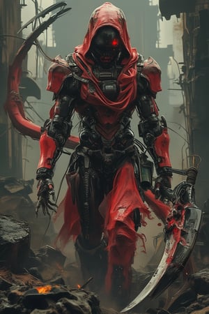 cyberpunk mecha cyborg death reaper with gas futuristic mask, flying in air, wear a red suit with hoodie, holding a scythe weapon,  grunge art stroke style in poster, complex art, in broken temple as background 
grungeartxhan83 ,exmechapolyhan83,cinematicxhan,hanxdeadcyborg83