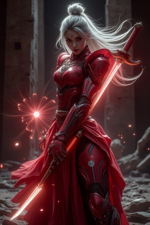 A girl  wear red hi tech cyborg armor,  strikes a powerful  pose with katana  inside a broken temple. dynamic pose,  a glowing red flower aura around her katana, waving lightly on katana, gently waving with energy. The cinematic mood focuses on dramatic lighting, emphasizing the glowing aura against the temple’s dark, ruined backdrop. Lens flares and soft shadows enhance the ethereal atmosphere, with the red and white tones contrasting beautifully against the weathered stone surroundings.