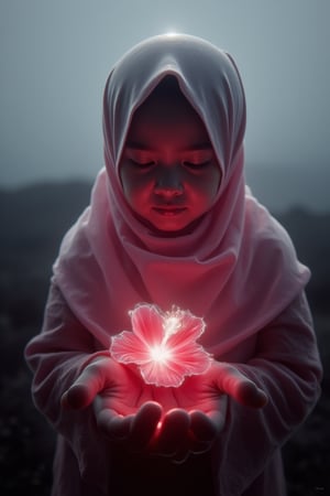 A cinematic shot of a beautiful, cute girl holding a glowing, wear pink hijab, Malay attire baju kebaya, holographic red hibiscus flower on a lonely hill. The dim lighting creates a moody atmosphere, with soft wind brushing through her hijab, hijab blowing with air, enhancing the serene solitude. the aura also  waveong her hands ang glowing softly, The red hues of the flower contrast against the muted, misty landscape of soft grays and purples. A subtle glow surrounds the flower, casting ethereal light on the girl's face, adding a dreamlike, surreal quality to the scene.,aura,hologram