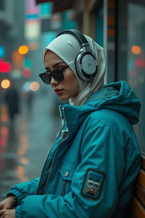 a beauty malay girl, light make up, wear headphone, wear white hijab, cyan jacket , sit at broken cahir in rainy day, at loneliness city, wear cyberpunk black sun glasses, cyberhan83nalogue