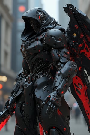 a death reaper mecha, black armor with hoodie, got big  acrobatic wing at his back, hold a death reaper weapon scythe red color with neon, matte polycarbonate design, cinematic mood in broken dark city, futuristic design, the armor fully with gears, exmechapolyhan83, hanxdeadcyborg83, cinematicxhan