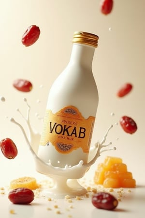 Here's an idea: imagine a sleek bottle of "VOKAB GOAT MILK" with its rusty gold with batik corak labeling and layered font, flying in the air. Splashes of milk surround it, with red dates and honeycomb adding an extra touch to the scene. Visualizing this should make for an eye-catching image.,analoguehanx83