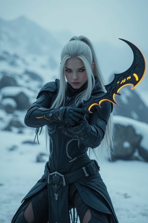 cinematic photo: In a breathtaking, snow-capped Alaskan landscape, a cyborg assassin pose fighting style, clad in black armor with some orange neon design , that seems to absorb the surrounding environment. Her striking white hair appears almost luminescent against the dark suit, while her piercing orange eyes gleam with an otherworldly intensity. The unique double blades dagger at her side features razor-sharp edges that curve like a bow's shape, illuminated by vibrant orange neon strips running along their length. As she grips the hilt, her pose exudes confidence and menace, ready to strike in the midst of this frozen wilderness., cinematicxhan, hanemperor23, bladesxhan23