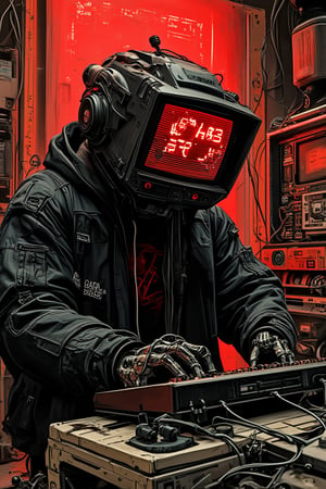 The image portrays a cyberpunk scene featuring a humanoid figure with a CRT monitor for a head, surrounded by a clutter of retro technology, wear some jacket black hoodie, cables, and screens. text "VOKAB ERA" red font and glitch effect.in screen, complex design, fully wired and gears, The character's posture is seated, typing on an old-fashioned keyboard with mechanical hands. The artwork uses a detailed, sketch-like stroke, red and brown mood color, cyberhan83nalogue, mparthan83, hanxdeadcyborg83