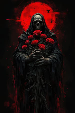 abstract art, a death reaper stand with many of darkness red flower, poster style, cinematic mood, low key style, black background, the art so complex with grunge stroke,cinematicxhan,grungeartxhan83,hanxdeadcyborg83