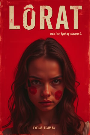 poster movie : a beauty girl with annoying face, red background, top title "LORAT", grunge bold font, small text " kaki nyentap kawan2 " white color,cinematicxhan