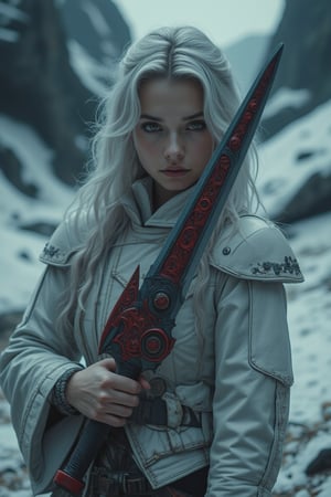 cinematic shot : a beauty russian girl with silver hair  hold an unique sword with curvy pattern at holder part, The sword features a dark metallic blade with sharp edges and red mechanical accents. Its ornate red hilt is decorated with intricate swirling patterns and geometric designs, giving it a mystical appearance. A large pointed extension on the hilt adds to its aggressive look, while the ridged handle ensures a firm grip. The design suggests a ceremonial or fantastical origin, blending both elegance and power, brown eye lens,  wear white armor cyberpunk  jacket shirt, long sleeve,  dynamic post in dark broken snowy hills, low light mood, the low light, dramatic light, cinematicxhan,Silver hair,HANSWORD23