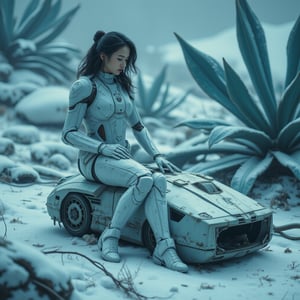 cinematic shot : A lady with cyborg body in profile with white futuristic armor, sitting on a broken abandoned cyberpunk robot in a melancholic pose. beuayy black curvy hair, with scratches on the surface and icicles. White snowflakes float around them, creating a mystical yet peaceful atmosphere. In the background are ice plant tendrils. aullultra details, ultra complex, cinematicxhan,hanemperor23