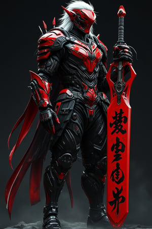 A full-body shot of the god manga character in an epic pose, holding a massive weapon with Chinese red color details and symbols on it, against a black smoke background, with white hair wearing samurai armor with Japanese-style inscriptions and patterns, wear cyborg helmet, red color,  in a cyberpunk art design, with detailed futuristic tech elements, in a dark fantasy art style, in high resolution, in a hyper-realistic anime art style, with bold lines and contrasting colors, in high-contrast lighting, in full HD quality,mecha